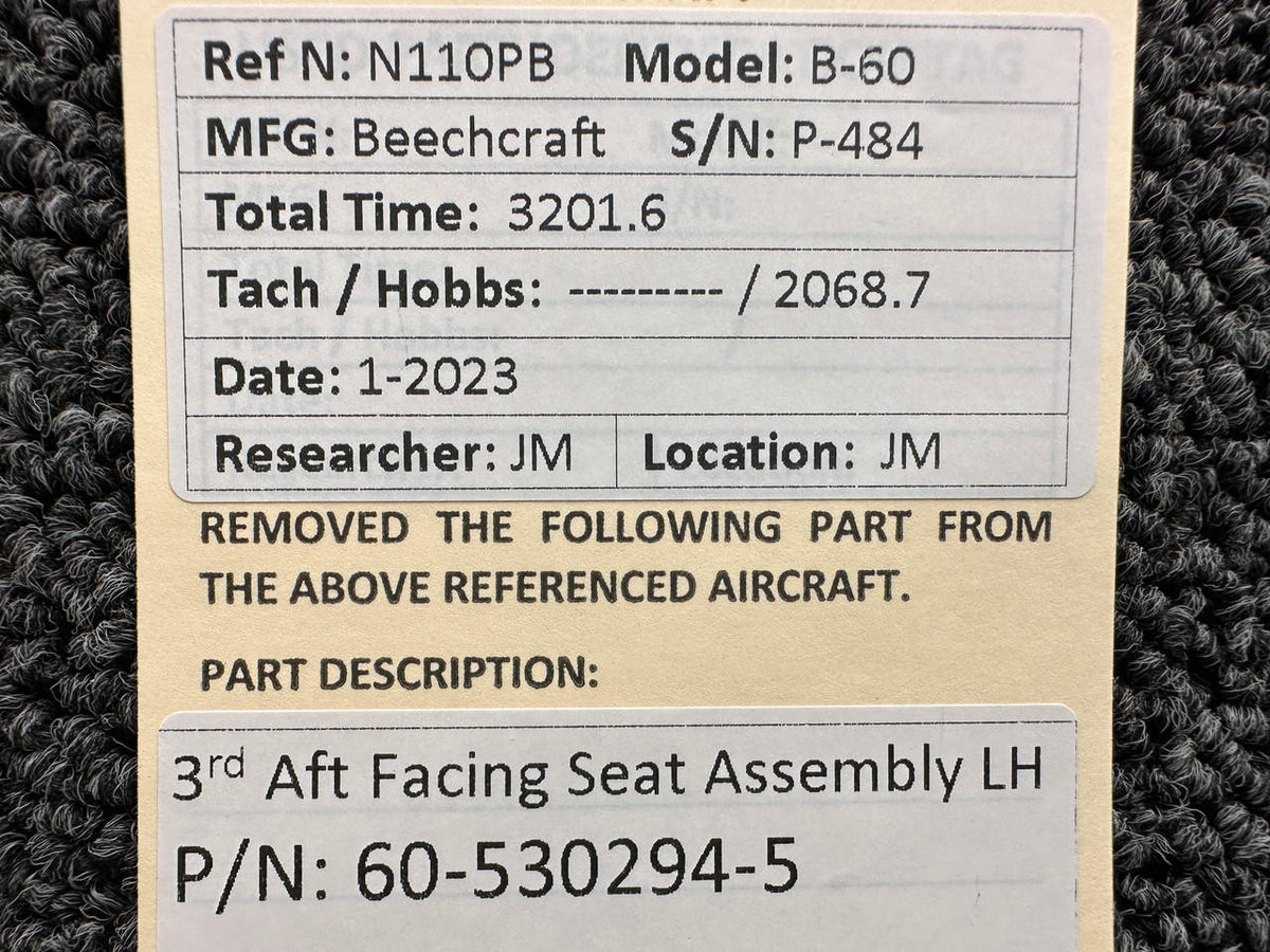 Beechcraft Parts 60-530294-5 Beechcraft B-60 3rd Aft Facing Seat Assembly LH