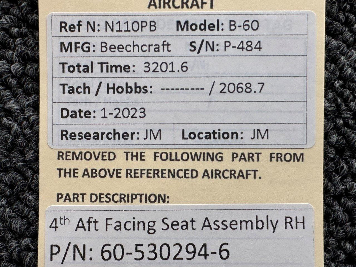 Beechcraft Parts 60-530294-6 Beechcraft B-60 4th Aft Facing Seat Assembly RH