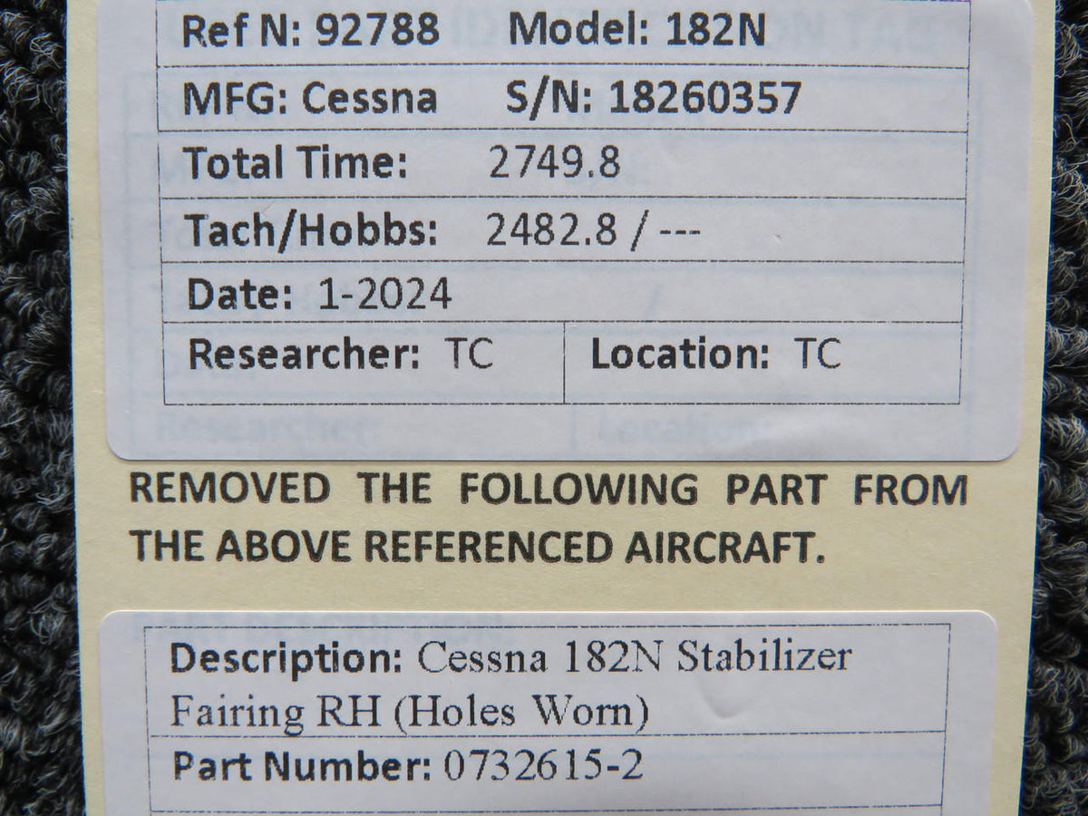 Cessna Aircraft Parts 0732615-2 Cessna 182N Stabilizer Fairing RH (Holes Worn)
