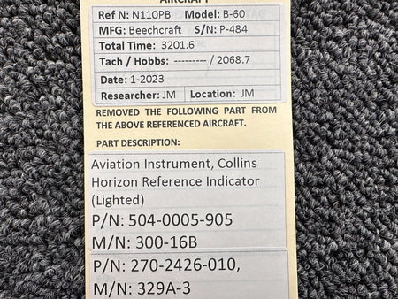 Aviation Instruments / Collins Avionics 504-0005-905 Aviation Instrument, Collins Horizon Reference Indicator (Lighted)