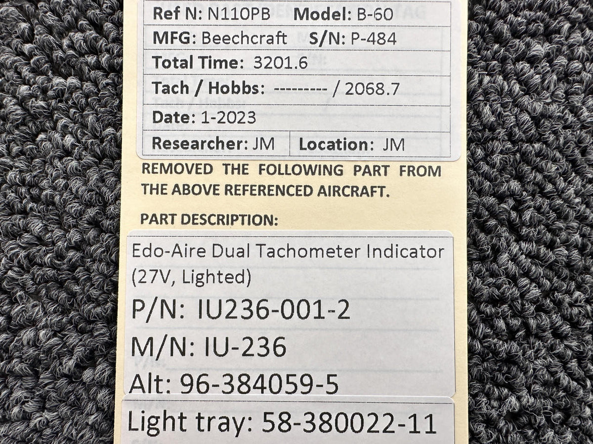 Edo-Aire IU236-001-2 (Alt: 96-384059-5) Edo-Aire Dual Tachometer Indicator (27V, Lighted)