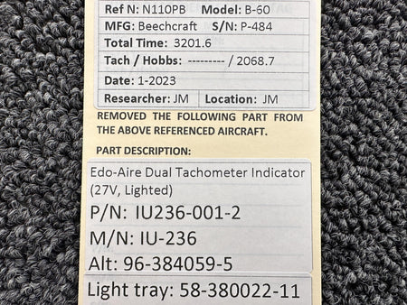 Edo-Aire IU236-001-2 (Alt: 96-384059-5) Edo-Aire Dual Tachometer Indicator (27V, Lighted)
