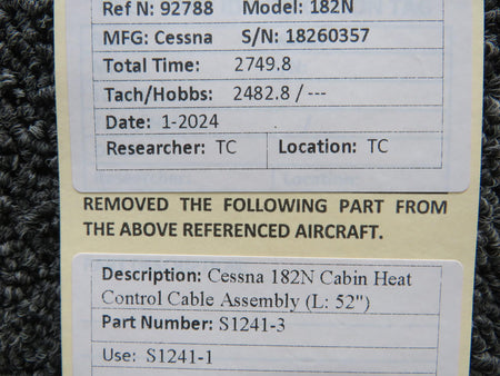 Cessna Aircraft Parts S1241-3 (Use: S1241-1) Cessna 182N Cabin Heat Control Cable Assembly (L: 52")