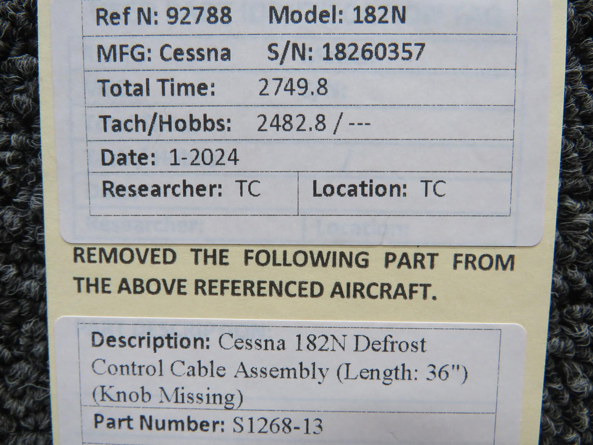 Cessna Aircraft Parts S1268-13 Cessna 182N Defrost Control Cable Assembly (Length: 36") (Knob Missing)