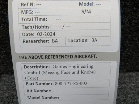 Gables 800-777-85-003 Gables Engineering Control (Missing Face and Knobs) (Core)