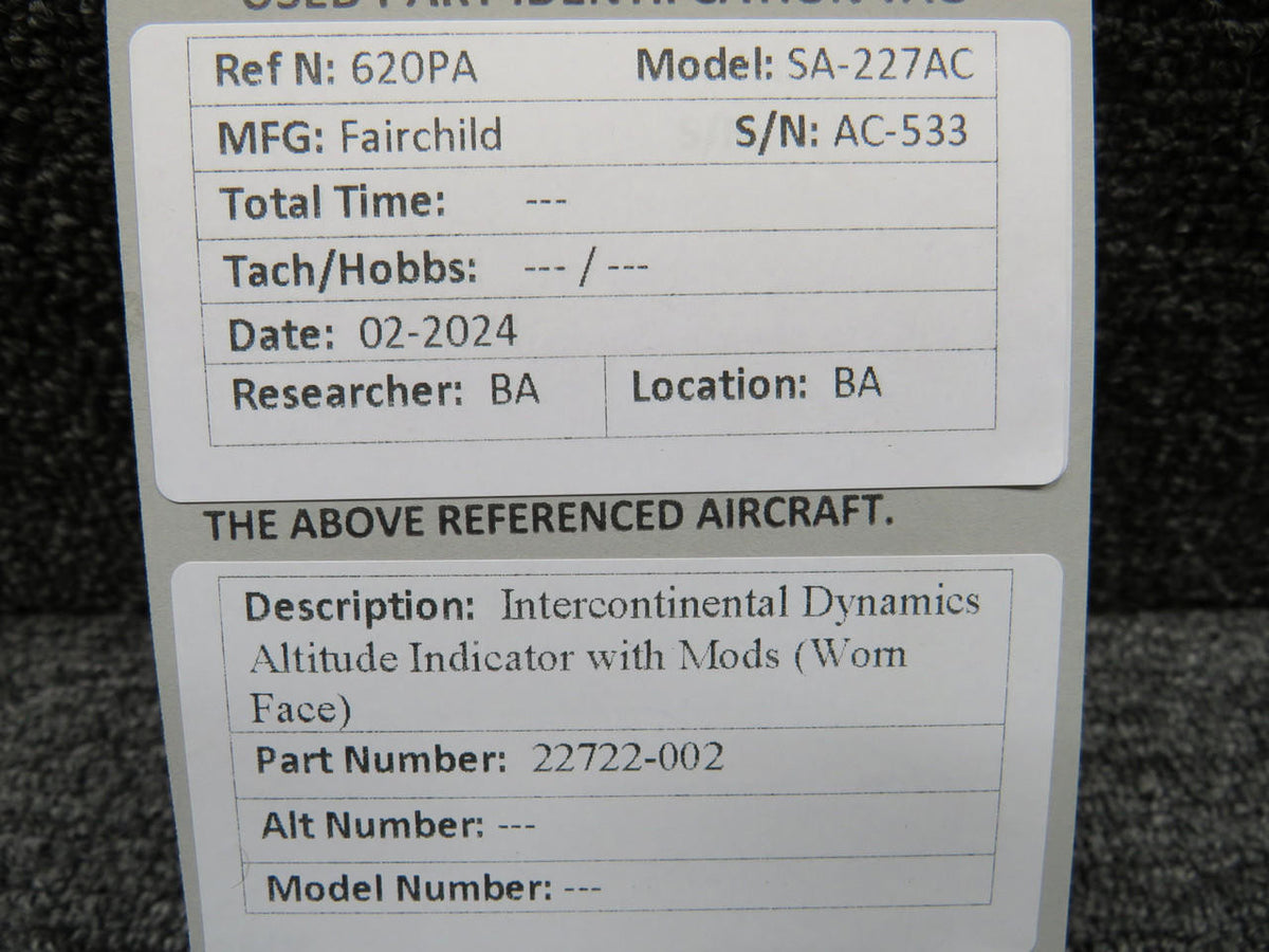 Intercontinental 22722-002 Intercontinental Dynamics Altitude Indicator with Mods (Worn Face)