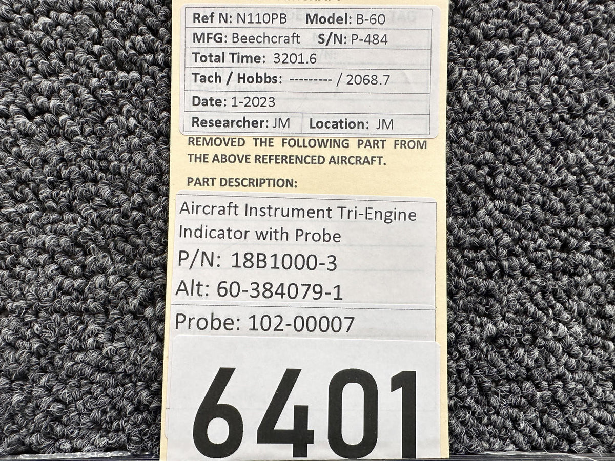 Aircraft Instruments 18B1000-3 (Alt: 60-384079-1) Aircraft Instrument Tri-Engine Indicator with Probe