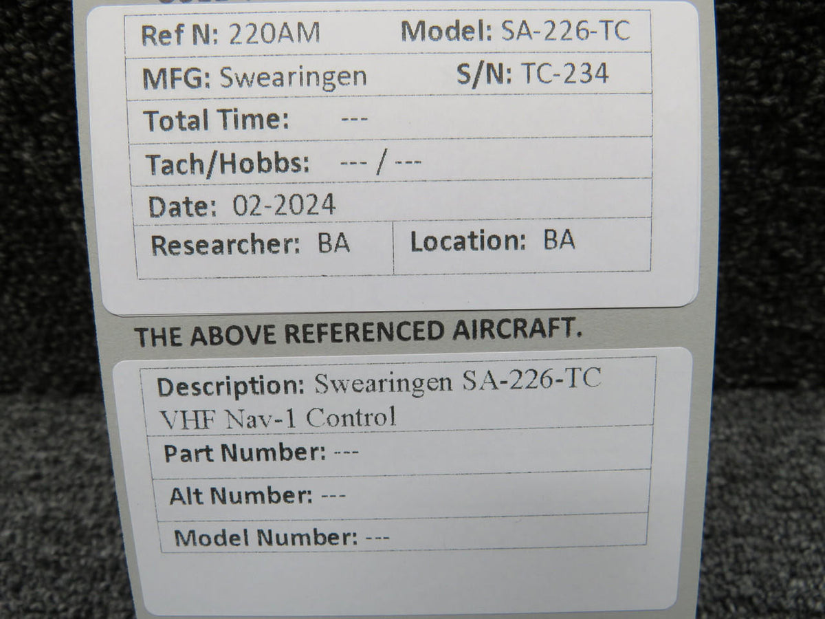 Swearingen SA-226-TC VHF Nav-1 Control