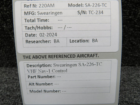 Swearingen SA-226-TC VHF Nav-1 Control