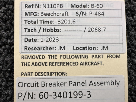Beechcraft Parts 60-340199-3 Beechcraft B-60 Circuit Breaker Panel Assembly