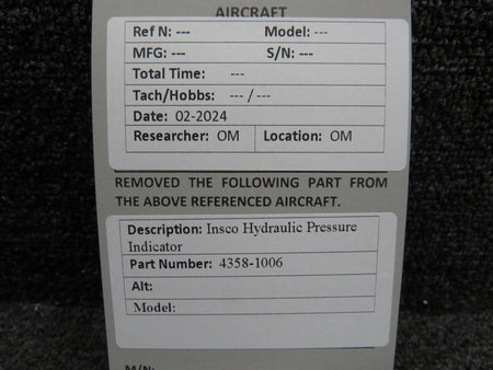 Insco 4358-1006 Insco Hydraulic Pressure Indicator