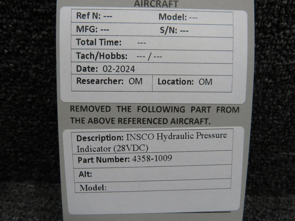 Insco 4358-1009 INSCO Hydraulic Pressure Indicator (28VDC)