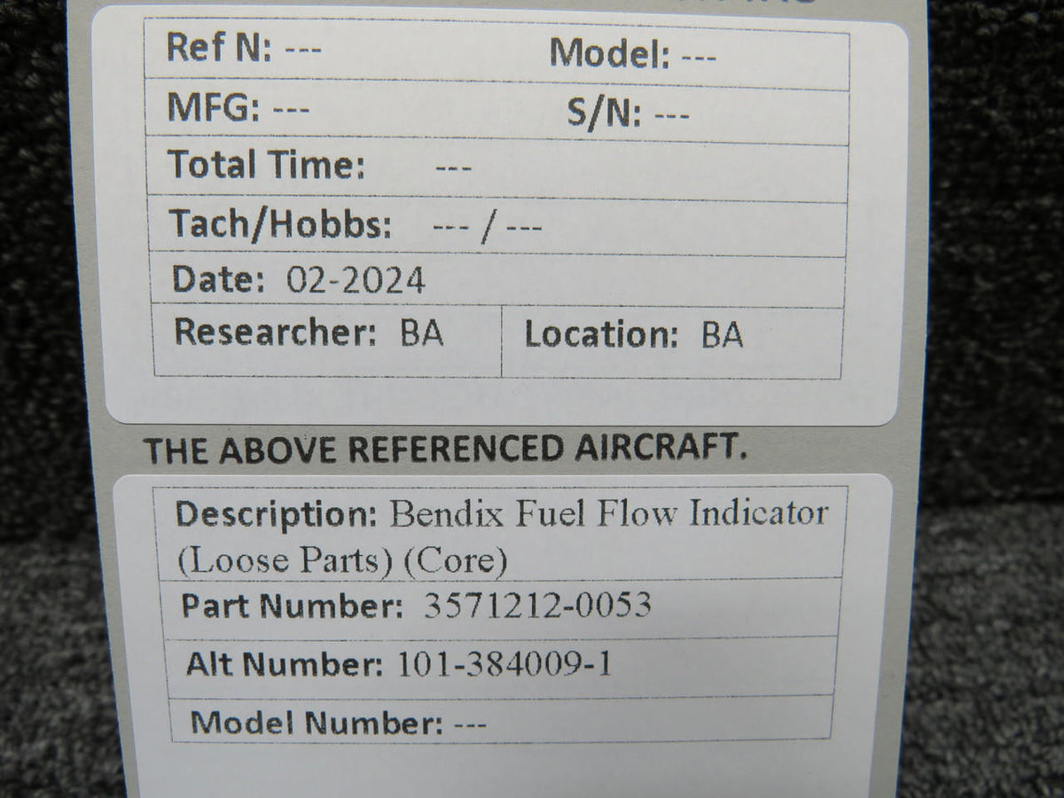 Bendix 3571212-0053 (Alt: 101-384009-1) Bendix Fuel Flow Indicator (Loose Parts) (Core)