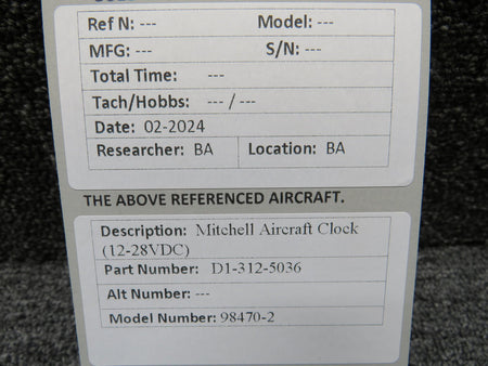 Mitchell D1-312-5036 Mitchell 98470-2 Aircraft Clock (12-28V)
