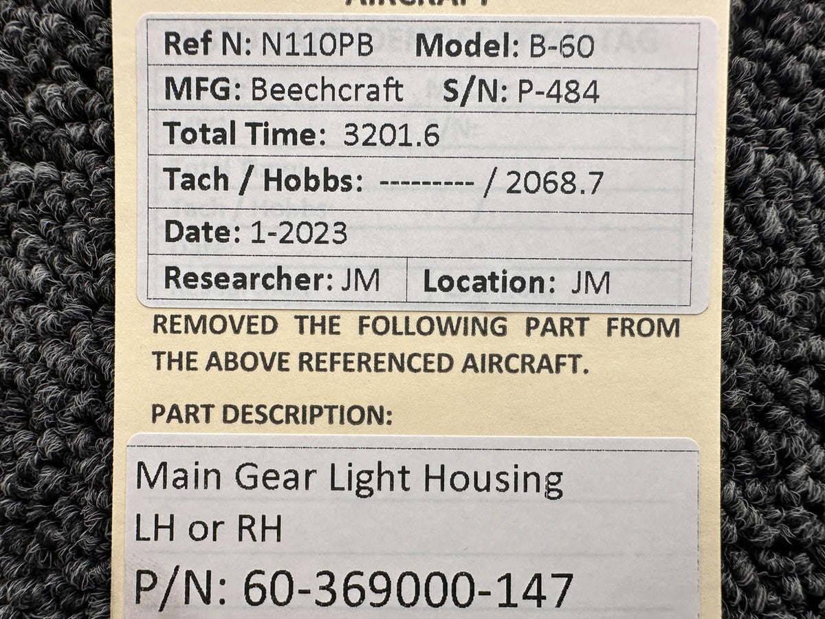 Beechcraft Parts 60-369000-147 Beechcraft B-60 Main Gear Light Housing LH or RH