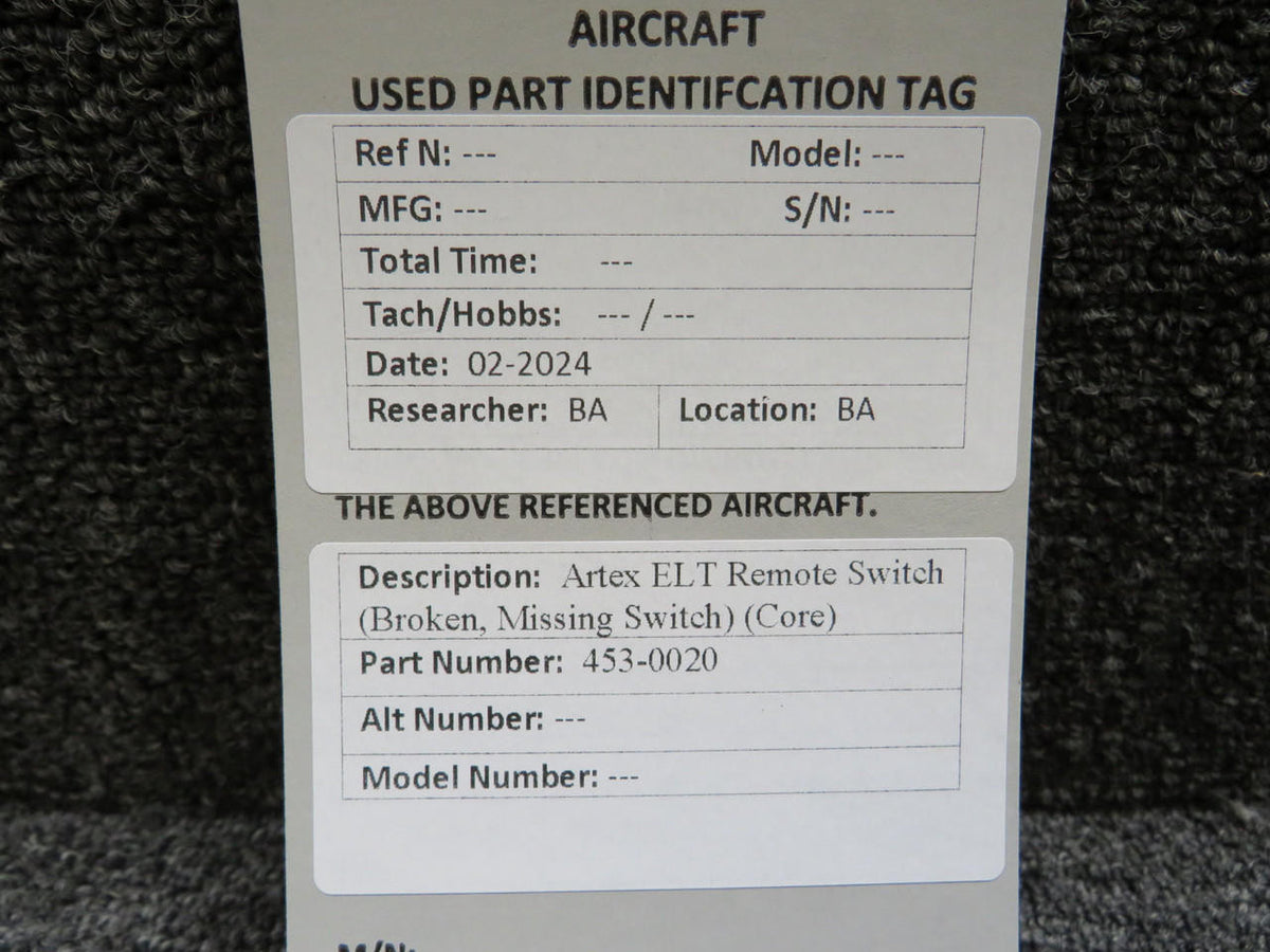 Artex 453-0020 Artex ELT Remote Switch (Broken, Missing Switch) (Core)