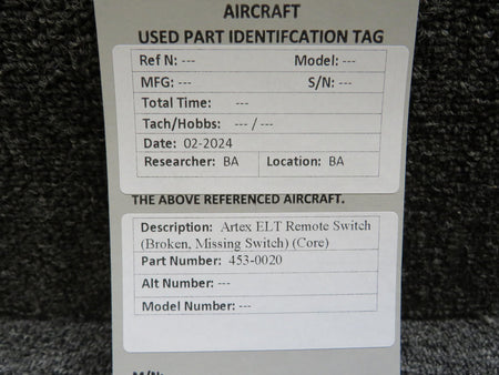 Artex 453-0020 Artex ELT Remote Switch (Broken, Missing Switch) (Core)