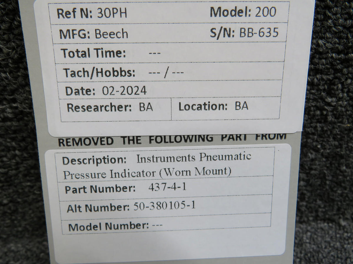 Instruments Inc 437-4-1 Instruments Pneumatic Pressure Indicator (Worn Mount)