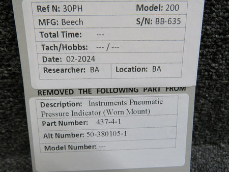 Instruments Inc 437-4-1 Instruments Pneumatic Pressure Indicator (Worn Mount)