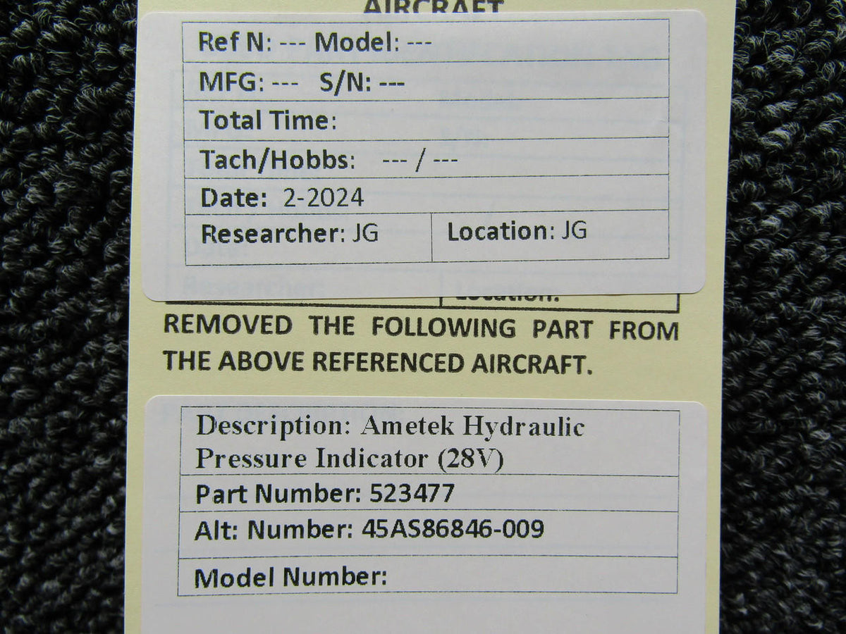Ametek 523477 (Alt: 45AS86846-009) Ametek Hydraulic Pressure Indicator (28V)