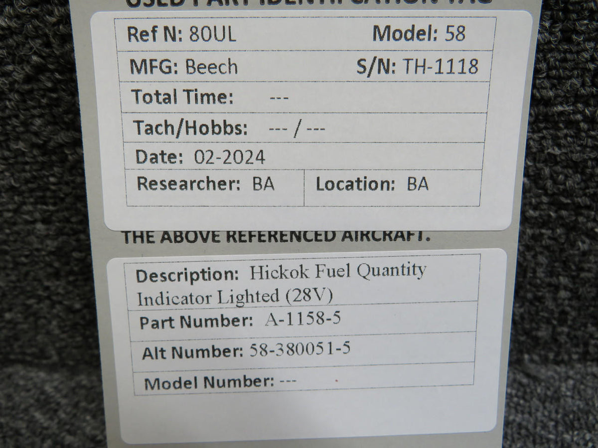 Hickok A-1158-5 (ALT: 58-380051-5) Hickok Fuel Quantity Indicator Lighted (28V)