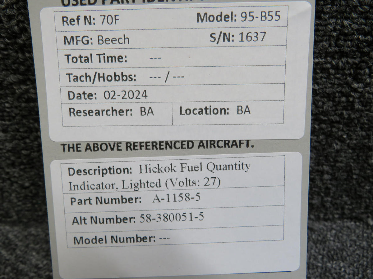 Hickok A-1158-5 (ALT: 58-380051-5) Hickok Fuel Quantity Indicator, Lighted (Volts: 27)