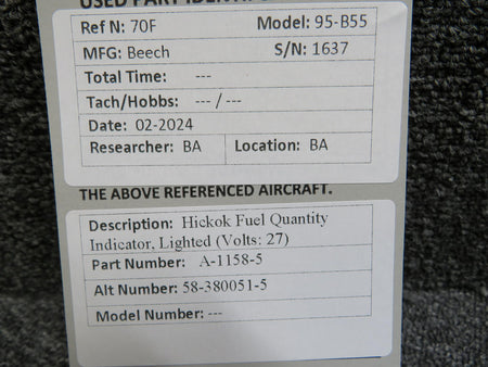 Hickok A-1158-5 (ALT: 58-380051-5) Hickok Fuel Quantity Indicator, Lighted (Volts: 27)