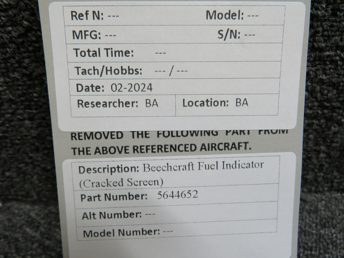 Beechcraft Parts 5644652 Beechcraft Fuel Indicator (Cracked Glass)