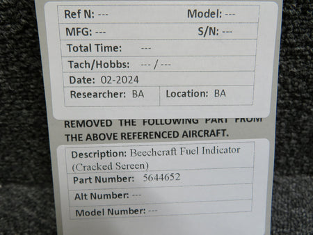 Beechcraft Parts 5644652 Beechcraft Fuel Indicator (Cracked Glass)