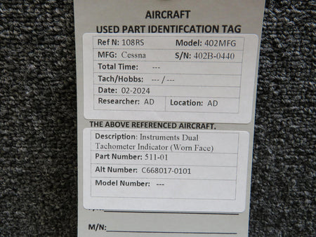 Instruments Inc 511-01 (Alt: C668017-0101) Instruments Dual Tachometer Indicator (Worn Face)