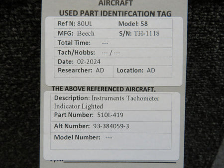 Instruments Inc 510L-419 (Alt: 93-384059-3) Instruments Inc. Dual Tachometer Indicator, Lighted
