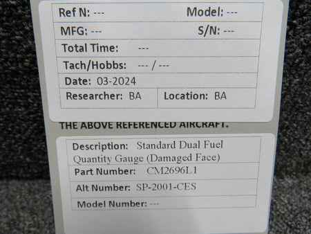 Standard Precision CM2696L1 (Alt: SP-2001-CES) Standard Dual Fuel Quantity Gauge (Damaged Face)