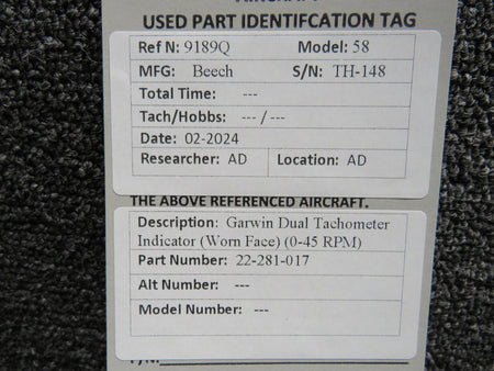 Garwin 22-281-017 Garwin Dual Tachometer Indicator (Worn Face)(0-45RPM)