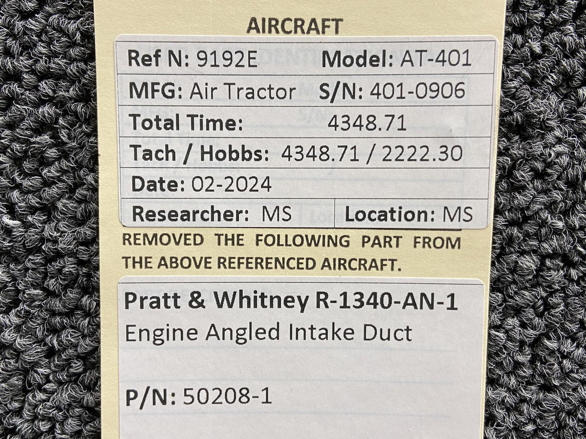 Pratt and Whitney 50208-1 Pratt and Whitney R-1340-AN-1 Engine Angled Intake Duct