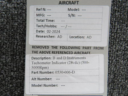 B and D Instruments 0530-006-D B and D Instruments Tachometer Indicator w Modifications (28V)