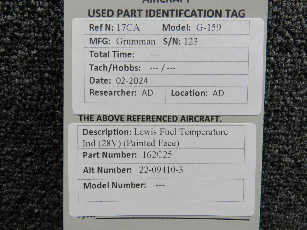Lewis 162C25 (Alt: 22-09410-3) Lewis Fuel Temperature Indicator (28V) (Painted Face)