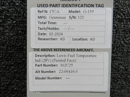 Lewis 162C25 (Alt: 22-09410-3) Lewis Fuel Temperature Indicator (28V) (Painted Face)