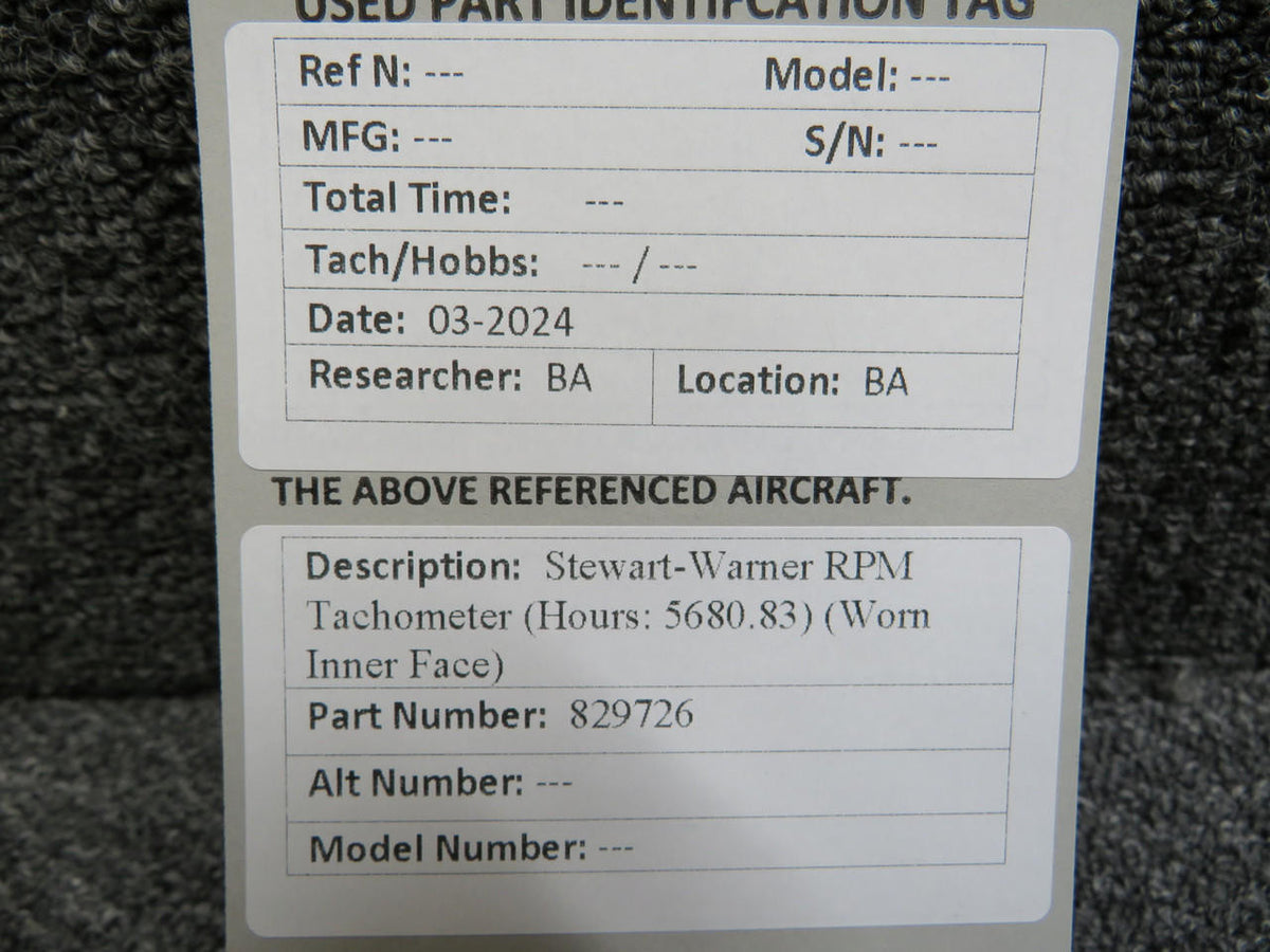 Stewart-Warner 829726 Stewart-Warner Recording Tachometer (Hours: 5680.83) (Worn Inner Face)