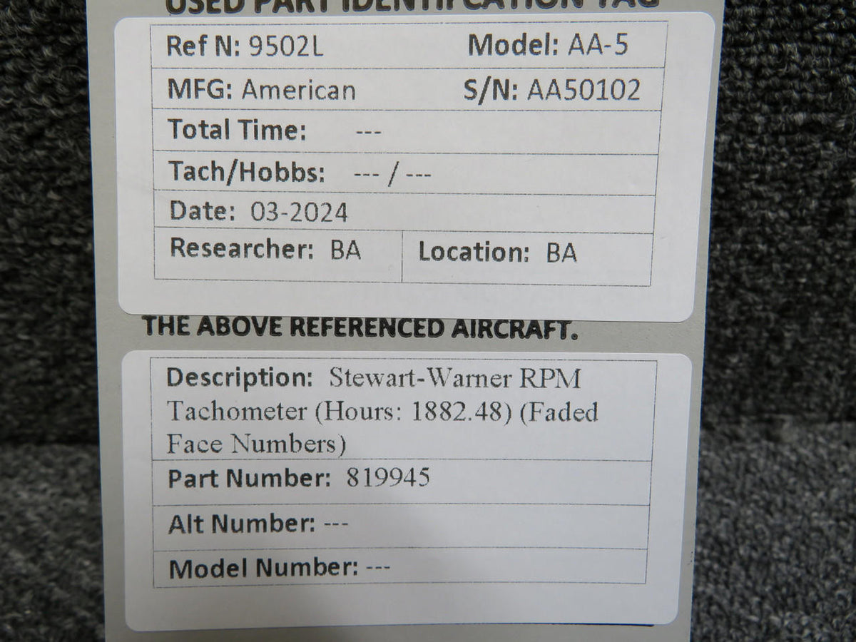 Stewart-Warner 819945 Stewart-Warner Recording Tachometer (Hours: 1882.48) (Faded Numbers)