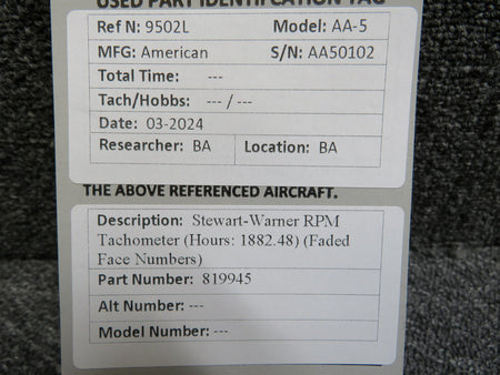 Stewart-Warner 819945 Stewart-Warner Recording Tachometer (Hours: 1882.48) (Faded Numbers)