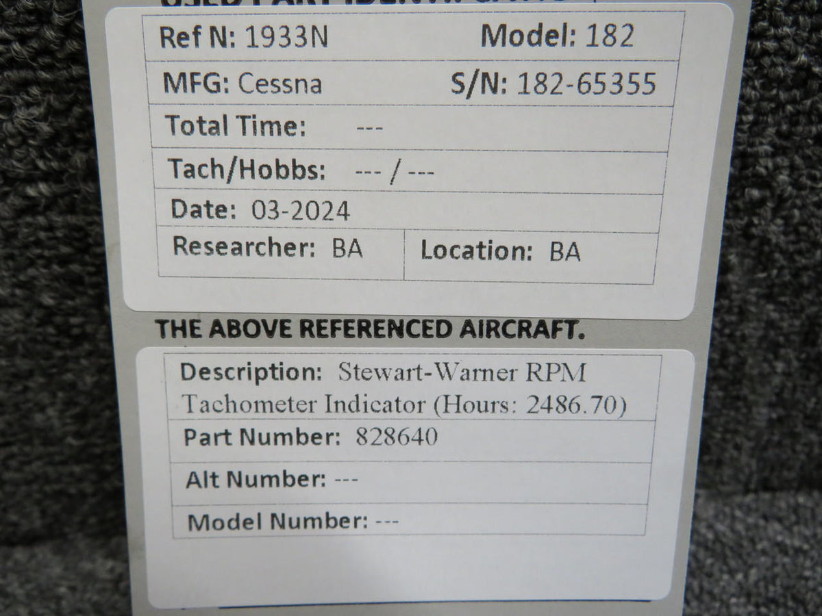 Stewart-Warner 828640 Stewart-Warner Recording Tachometer Indicator (Hours: 2486.70)
