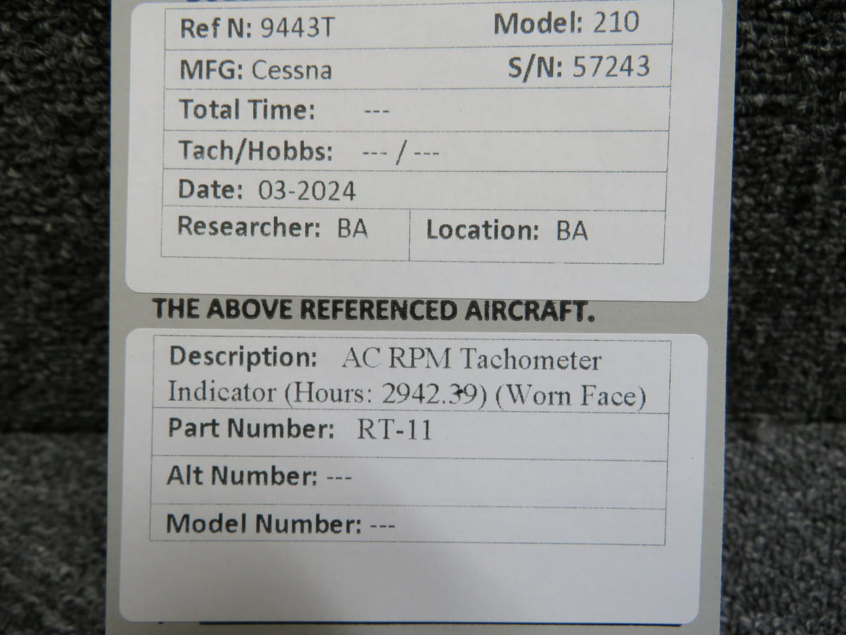 AC RT-11 AC Recording Tachometer Indicator (Hours: 2942.39) (Worn Face)
