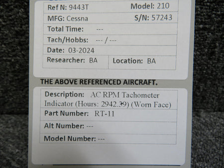 AC RT-11 AC Recording Tachometer Indicator (Hours: 2942.39) (Worn Face)