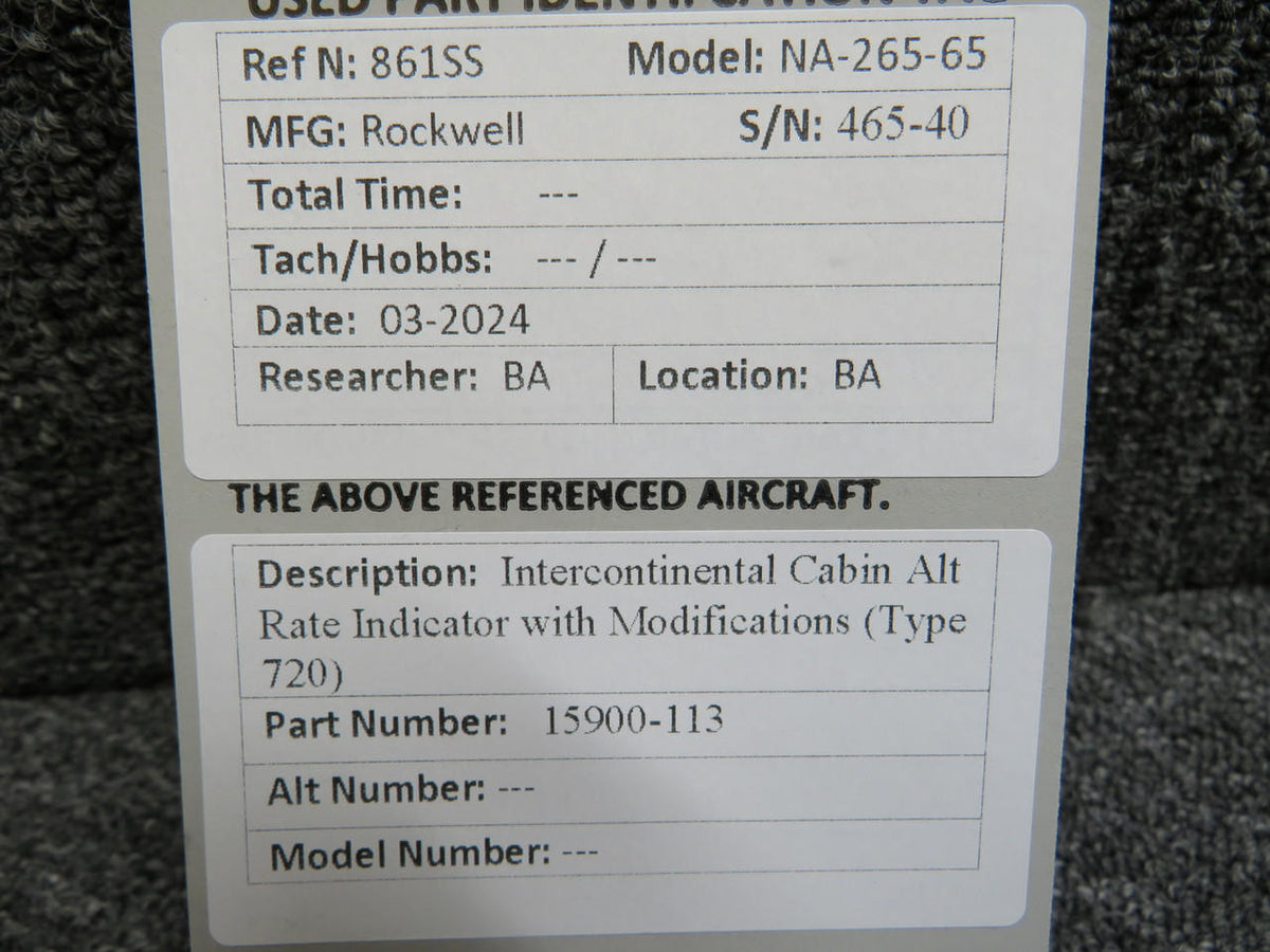 Intercontinental 15900-113 Intercontinental Cabin Alt Rate Indicator with Modifications (Type 720)