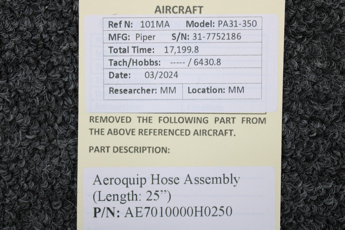 Aeroquip AE7010000H0250 Aeroquip Hose Assembly (Length: 25”)