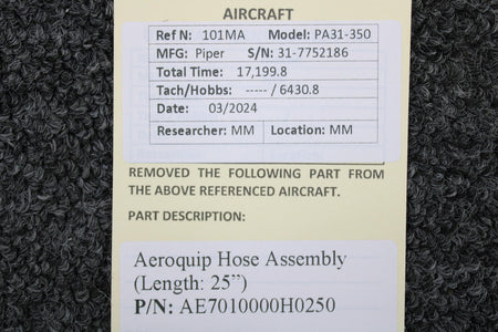 Aeroquip AE7010000H0250 Aeroquip Hose Assembly (Length: 25”)