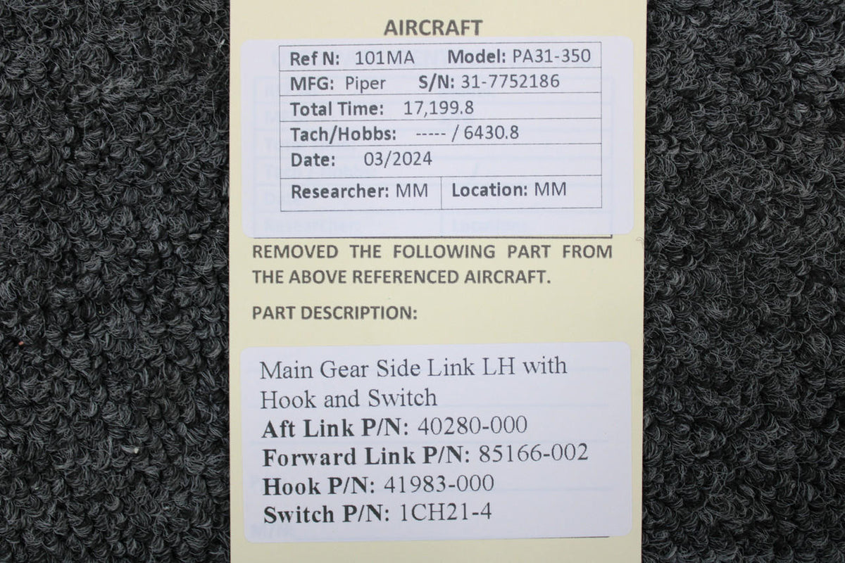 Piper Aircraft Parts 40280-000, 85166-002 Piper PA31-350 Main Gear Side Link LH with Hook and Switch