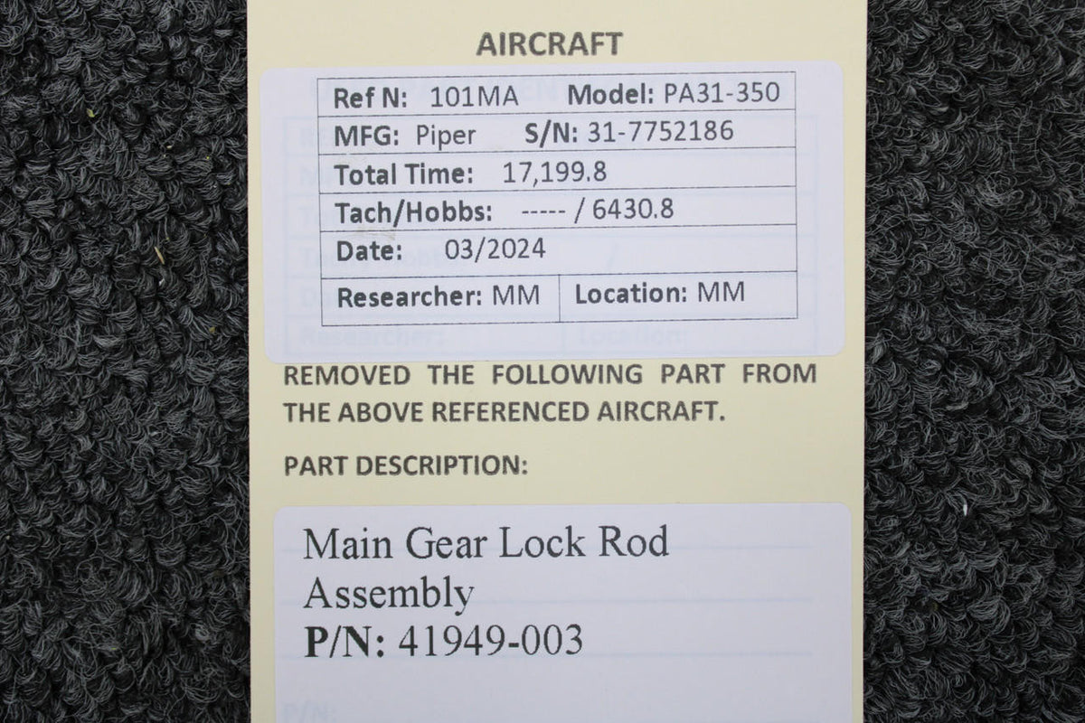 Piper Aircraft Parts 41949-003 Piper PA31-350 Main Gear Lock Rod Assembly