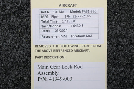 Piper Aircraft Parts 41949-003 Piper PA31-350 Main Gear Lock Rod Assembly
