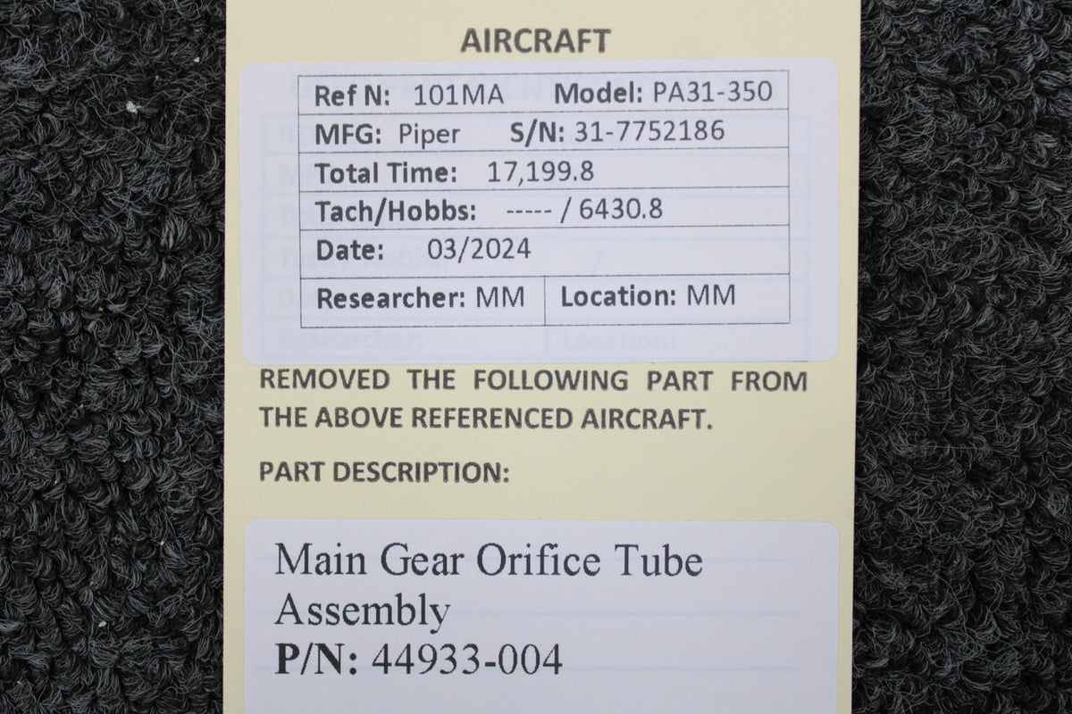 Piper Aircraft Parts 44933-004 Piper PA31-350 Main Gear Orifice Tube Assembly